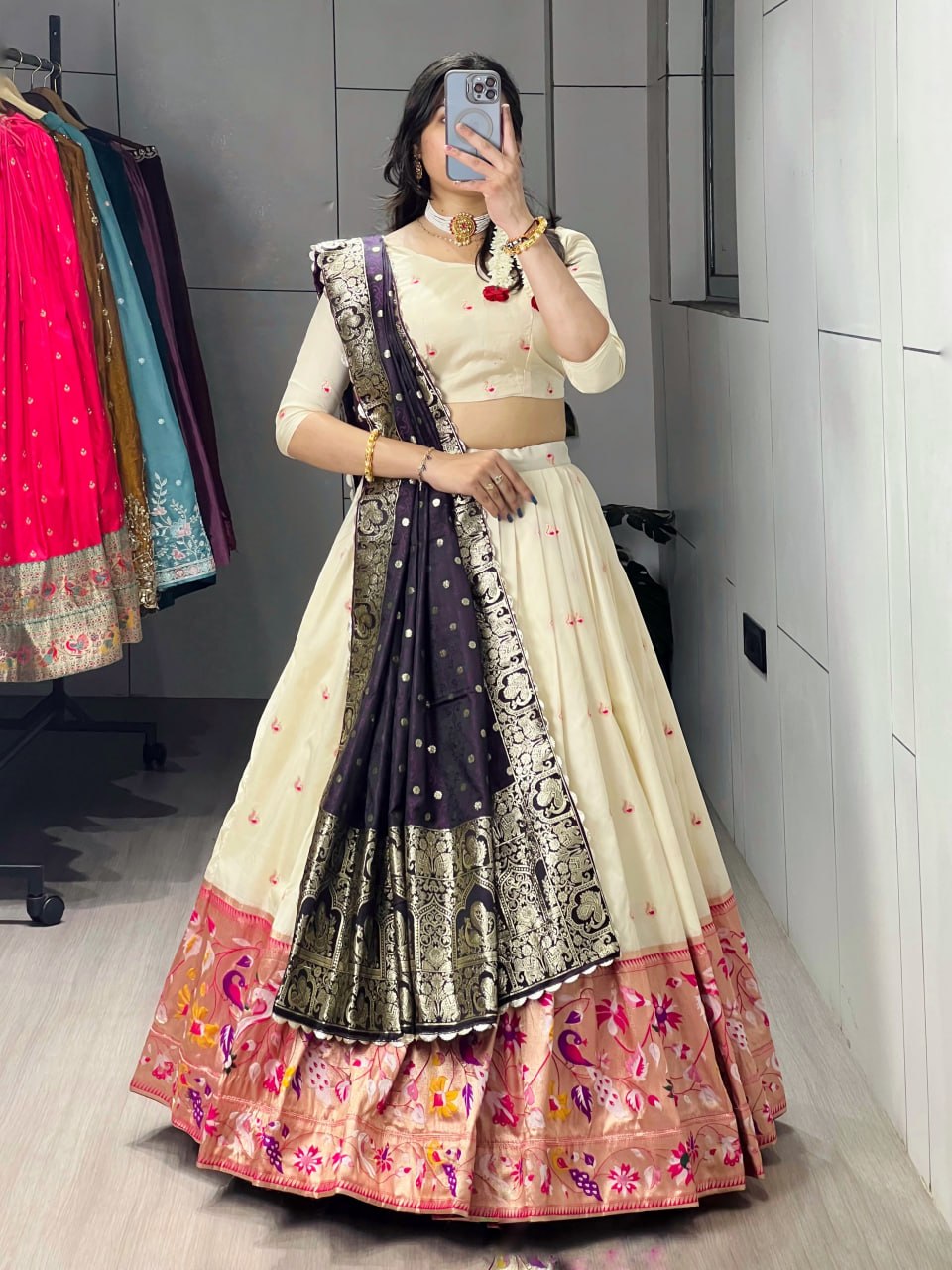 Cream Purple Pure Soft Paithani Silk Zari Weaving Work Paithani Chaniya Choli 