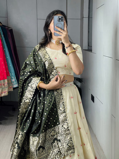 Cream Mehandi Pure Soft Paithani Silk Zari Weaving Work Paithani Chaniya Choli 