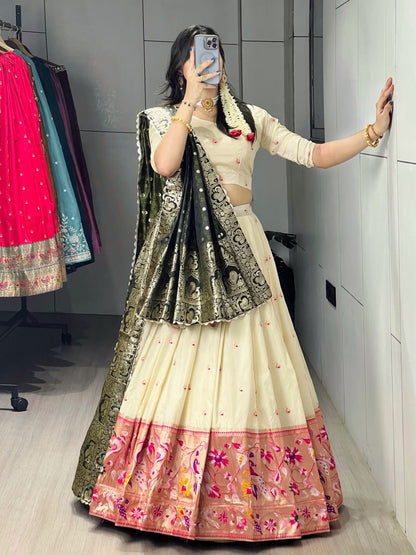 Cream Mehandi Pure Soft Paithani Silk Zari Weaving Work Paithani Chaniya Choli 