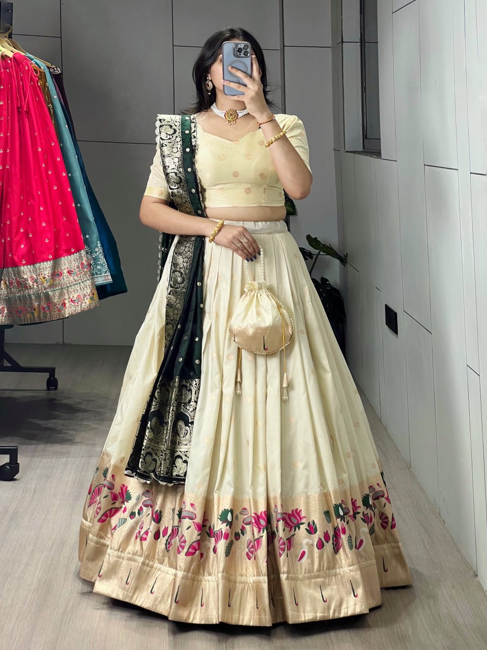 Cream Green Pure Soft Paithani Silk Zari Weaving Work Paithani Chaniya Choli 