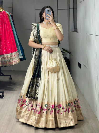 Cream Green Pure Soft Paithani Silk Zari Weaving Work Paithani Chaniya Choli 