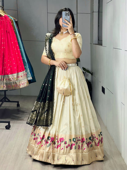 Cream Green Pure Soft Paithani Silk Zari Weaving Work Paithani Chaniya Choli 