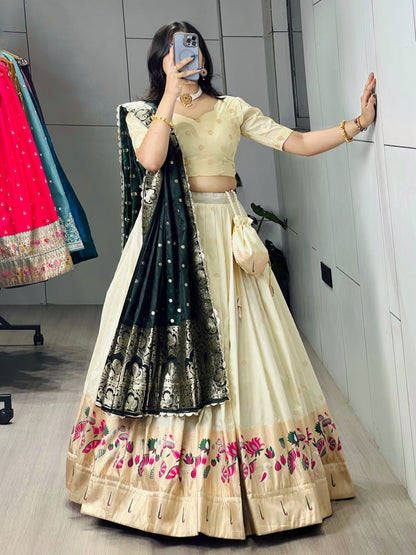 Cream Green Pure Soft Paithani Silk Zari Weaving Work Paithani Chaniya Choli 