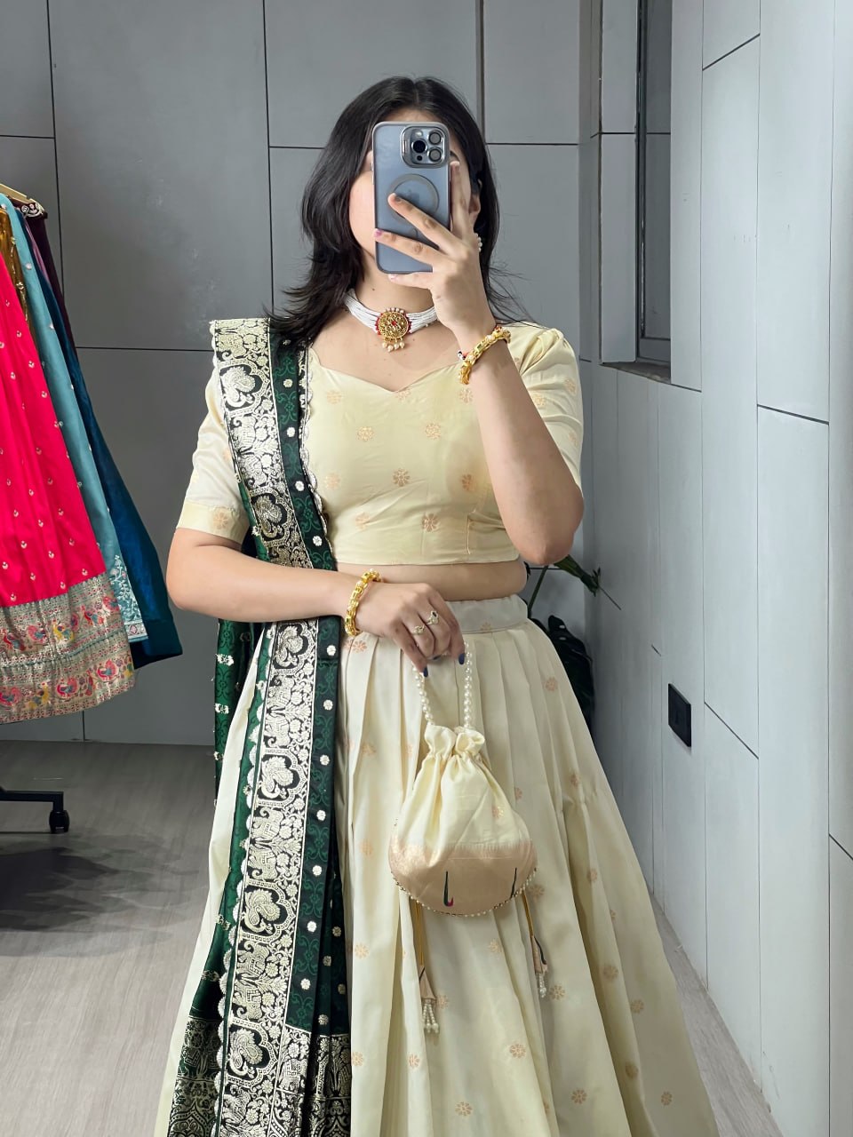 Cream Green Pure Soft Paithani Silk Zari Weaving Work Paithani Chaniya Choli 