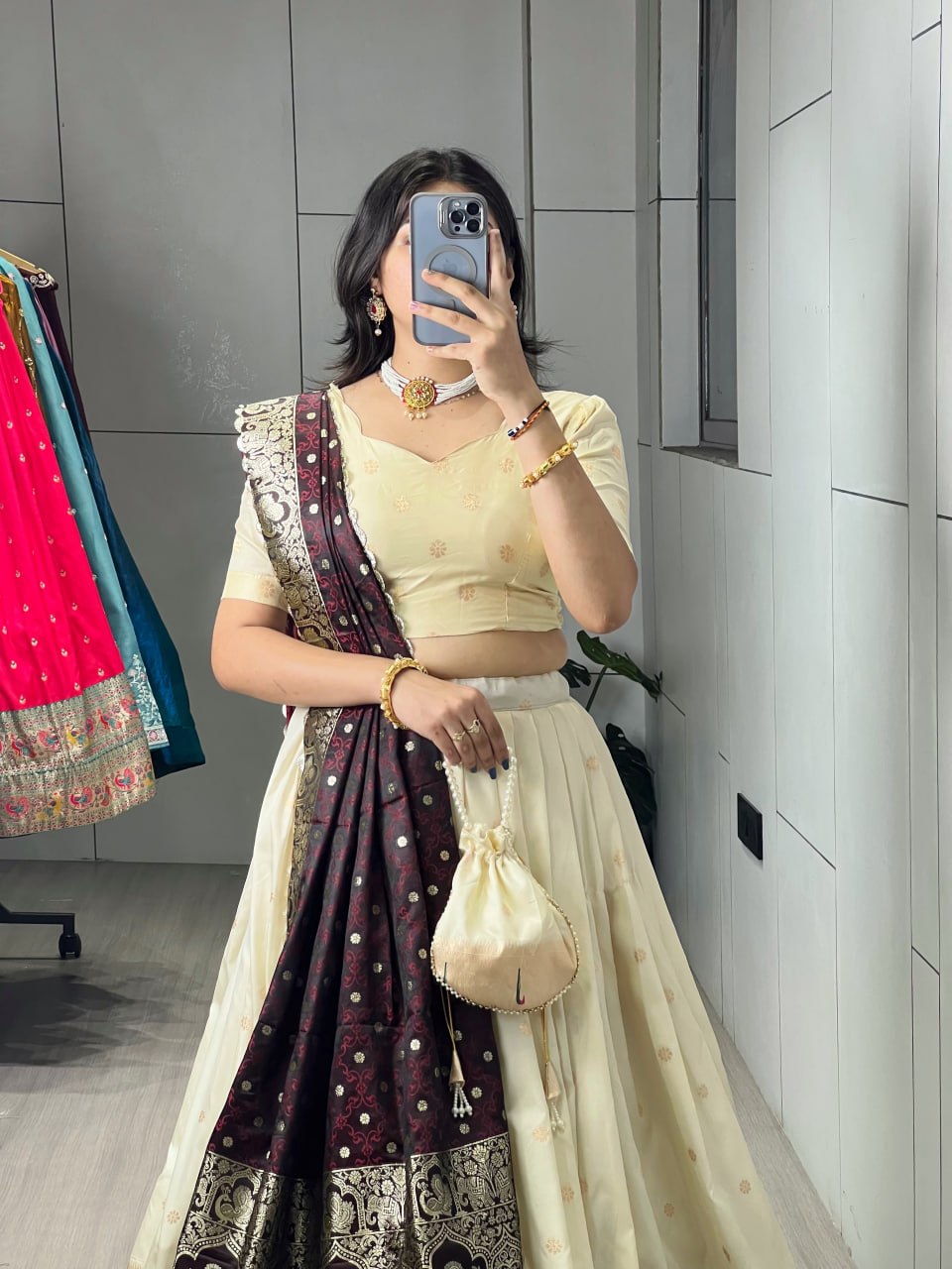 Cream Wine Pure Soft Paithani Silk Zari Weaving Work Paithani Chaniya Choli 