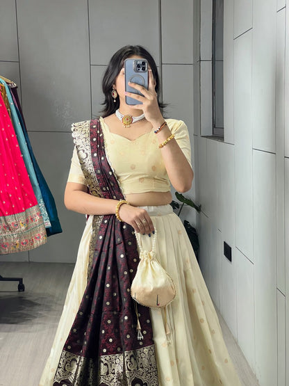 Cream Wine Pure Soft Paithani Silk Zari Weaving Work Paithani Chaniya Choli 
