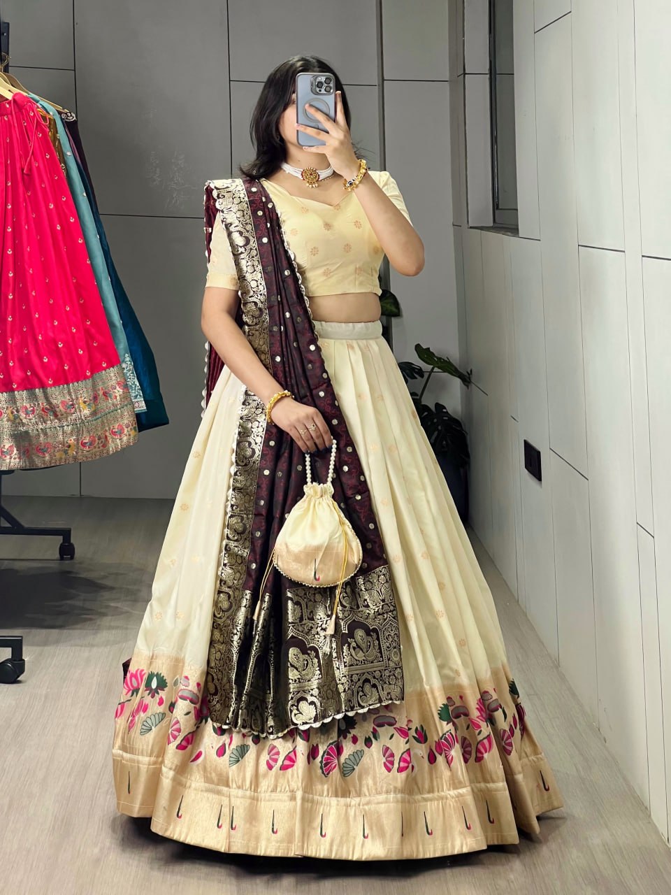 Cream Wine Pure Soft Paithani Silk Zari Weaving Work Paithani Chaniya Choli 