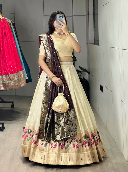 Cream Wine Pure Soft Paithani Silk Zari Weaving Work Paithani Chaniya Choli 