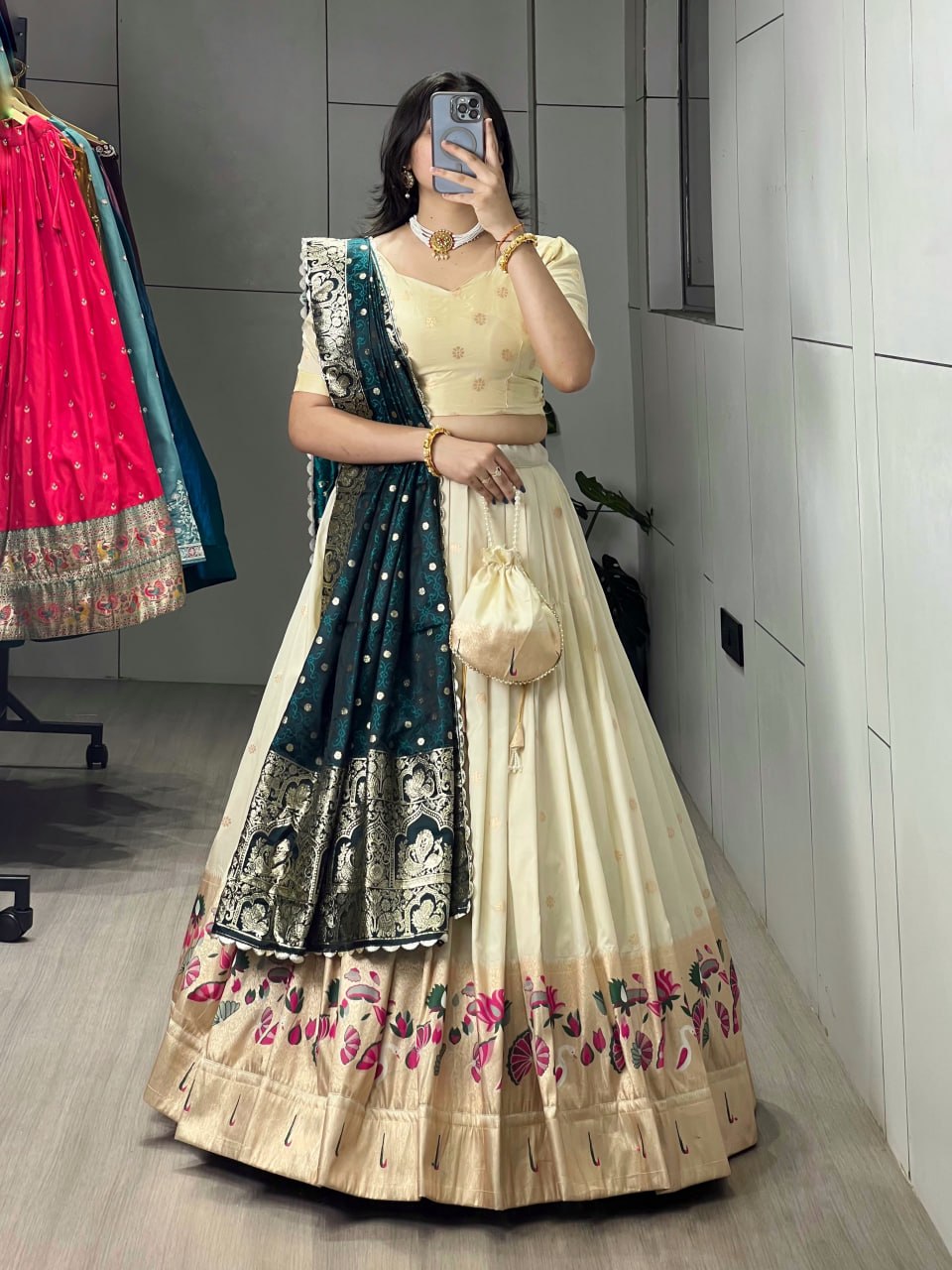 Cream Rama Pure Soft Paithani Silk Zari Weaving Work Paithani Chaniya Choli 