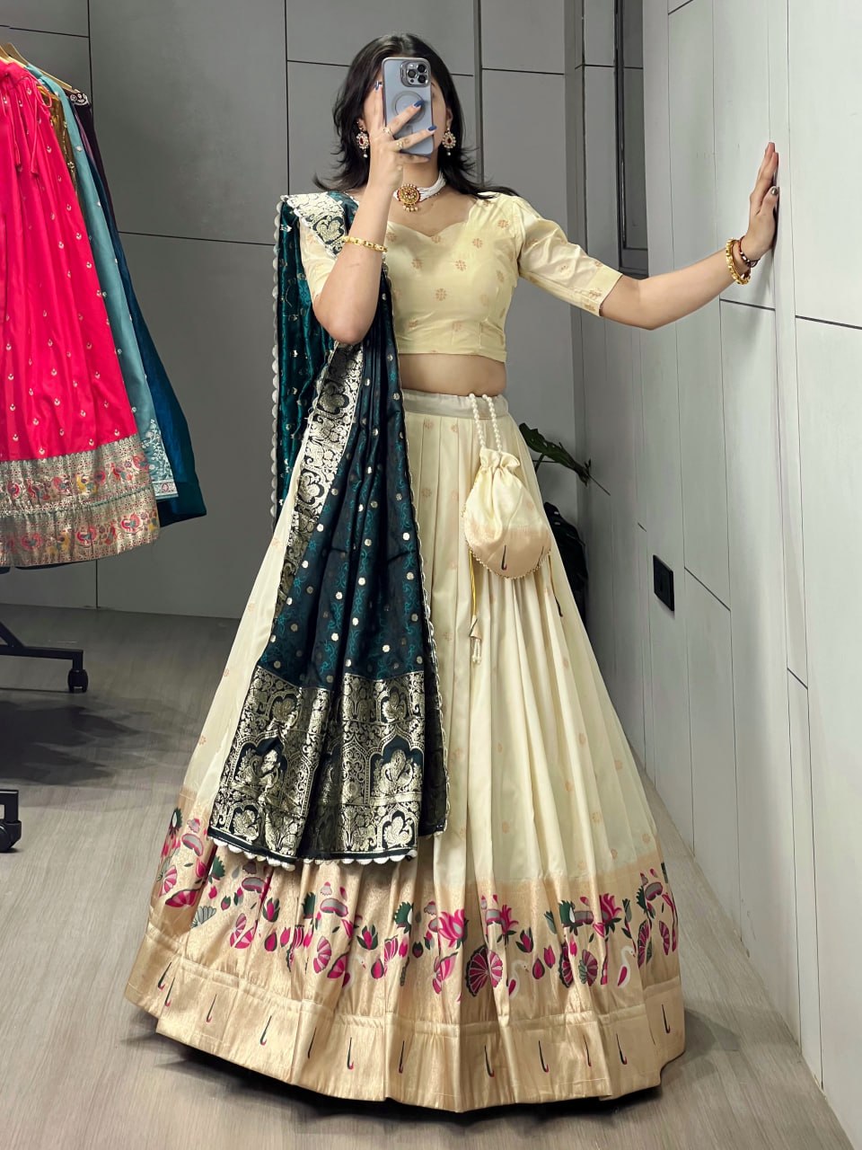Cream Rama Pure Soft Paithani Silk Zari Weaving Work Paithani Chaniya Choli 