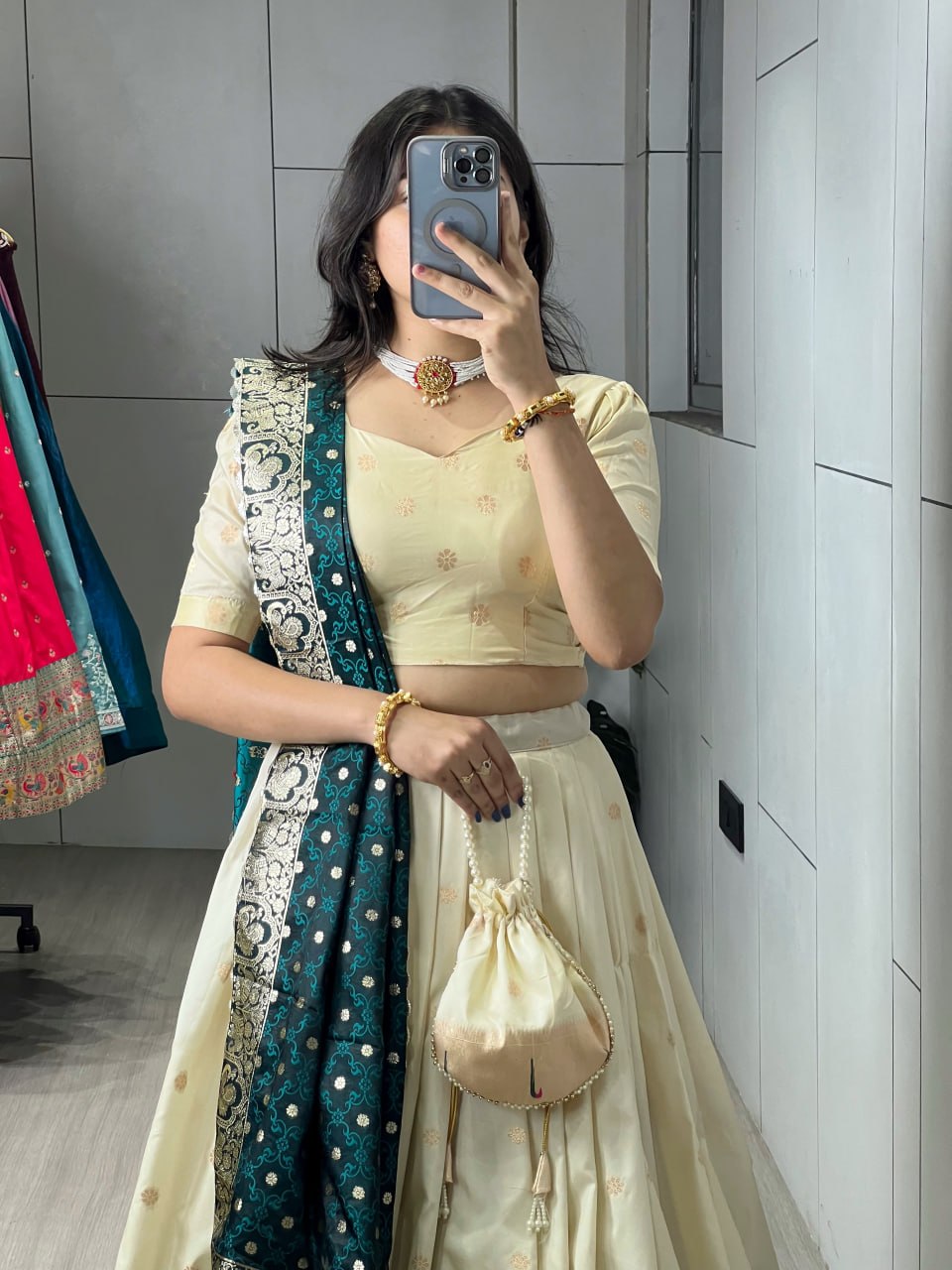 Cream Rama Pure Soft Paithani Silk Zari Weaving Work Paithani Chaniya Choli 