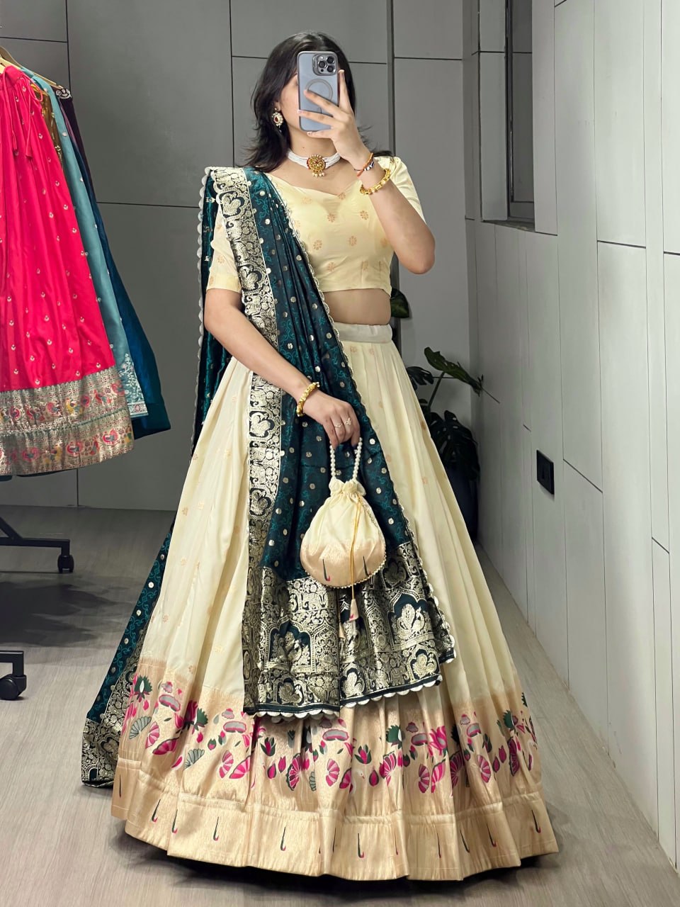 Cream Rama Pure Soft Paithani Silk Zari Weaving Work Paithani Chaniya Choli 