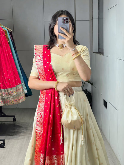Cream Rani Pure Soft Paithani Silk Zari Weaving Work Paithani Chaniya Choli 