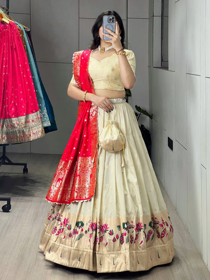 Cream Rani Pure Soft Paithani Silk Zari Weaving Work Paithani Chaniya Choli 