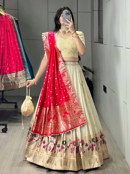Cream Rani Pure Soft Paithani Silk Zari Weaving Work Paithani Chaniya Choli 