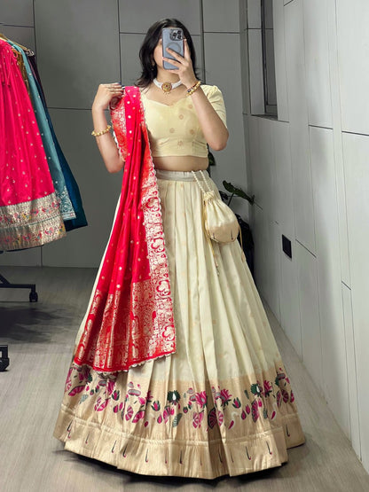 Cream Rani Pure Soft Paithani Silk Zari Weaving Work Paithani Chaniya Choli 