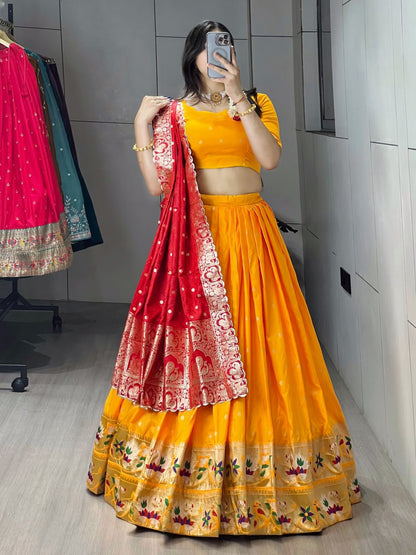 Gold Pure Soft Paithani Silk Zari Weaving Work Paithani Chaniya Choli 