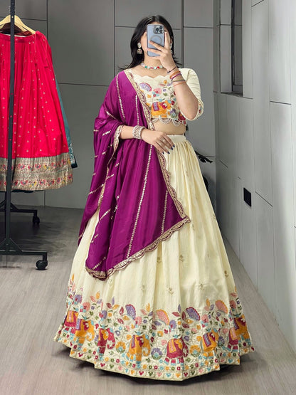 Wine Pure Soft Crush Vichitra Semi Beads Embroidery Work With MultiColoured Threads Chaniya Choli 