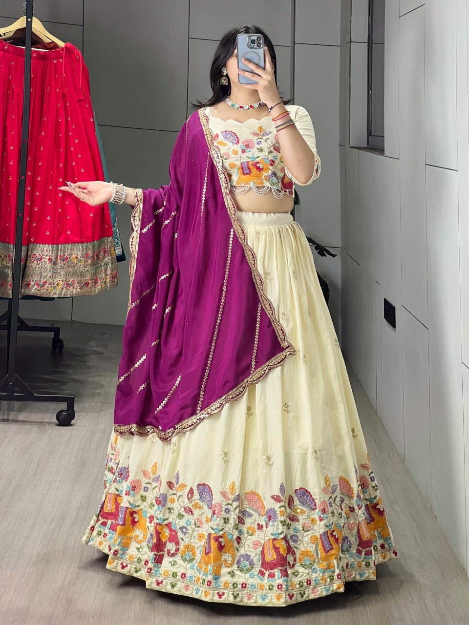 Wine Pure Soft Crush Vichitra Semi Beads Embroidery Work With MultiColoured Threads Chaniya Choli 