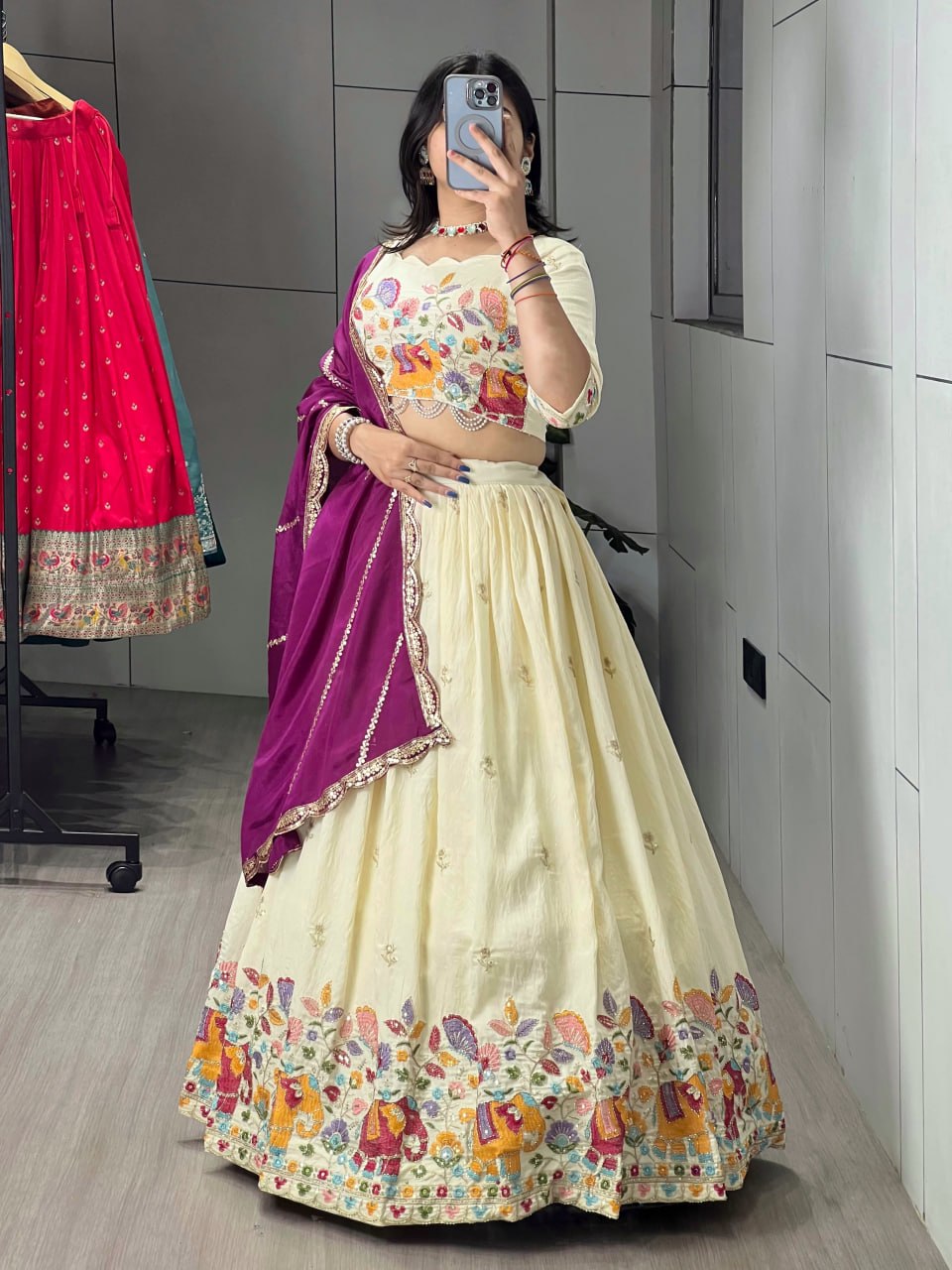 Wine Pure Soft Crush Vichitra Semi Beads Embroidery Work With MultiColoured Threads Chaniya Choli 