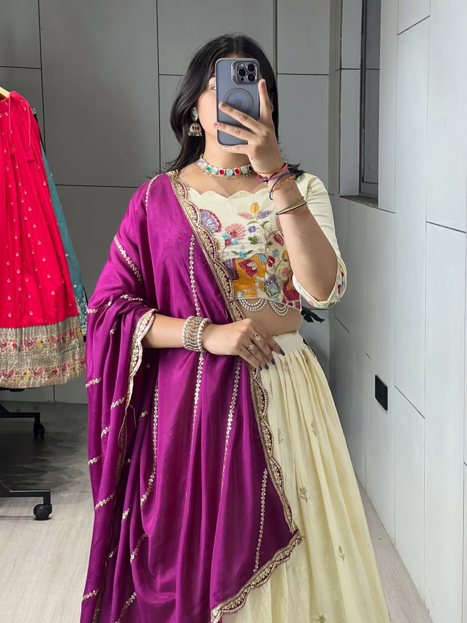 Wine Pure Soft Crush Vichitra Semi Beads Embroidery Work With MultiColoured Threads Chaniya Choli 