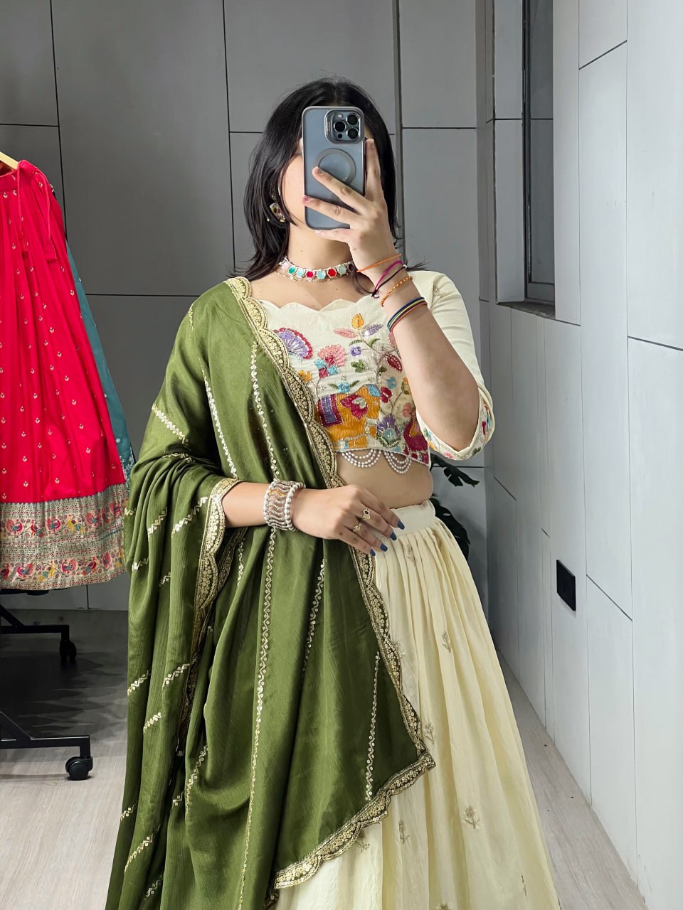 Mehandi Pure Soft Crush Vichitra Semi Beads Embroidery Work With MultiColoured Threads Chaniya Choli 