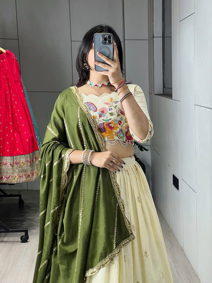 Mehandi Pure Soft Crush Vichitra Semi Beads Embroidery Work With MultiColoured Threads Chaniya Choli 