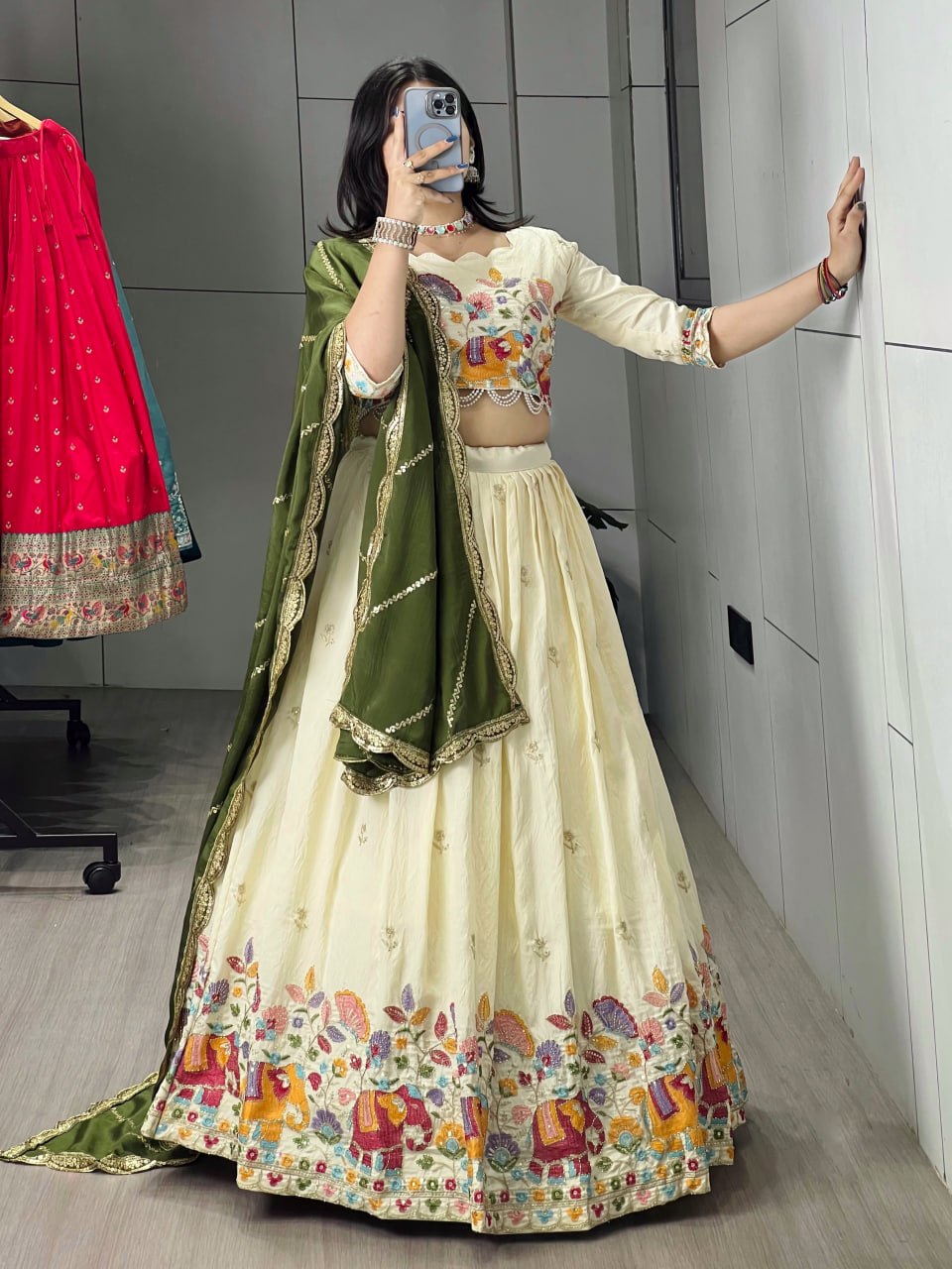 Mehandi Pure Soft Crush Vichitra Semi Beads Embroidery Work With MultiColoured Threads Chaniya Choli 