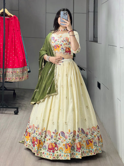Mehandi Pure Soft Crush Vichitra Semi Beads Embroidery Work With MultiColoured Threads Chaniya Choli 