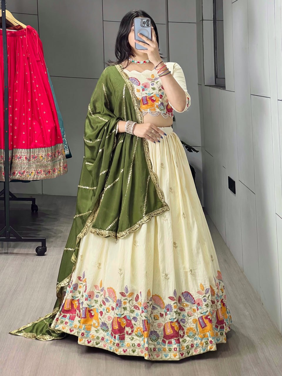 Mehandi Pure Soft Crush Vichitra Semi Beads Embroidery Work With MultiColoured Threads Chaniya Choli 