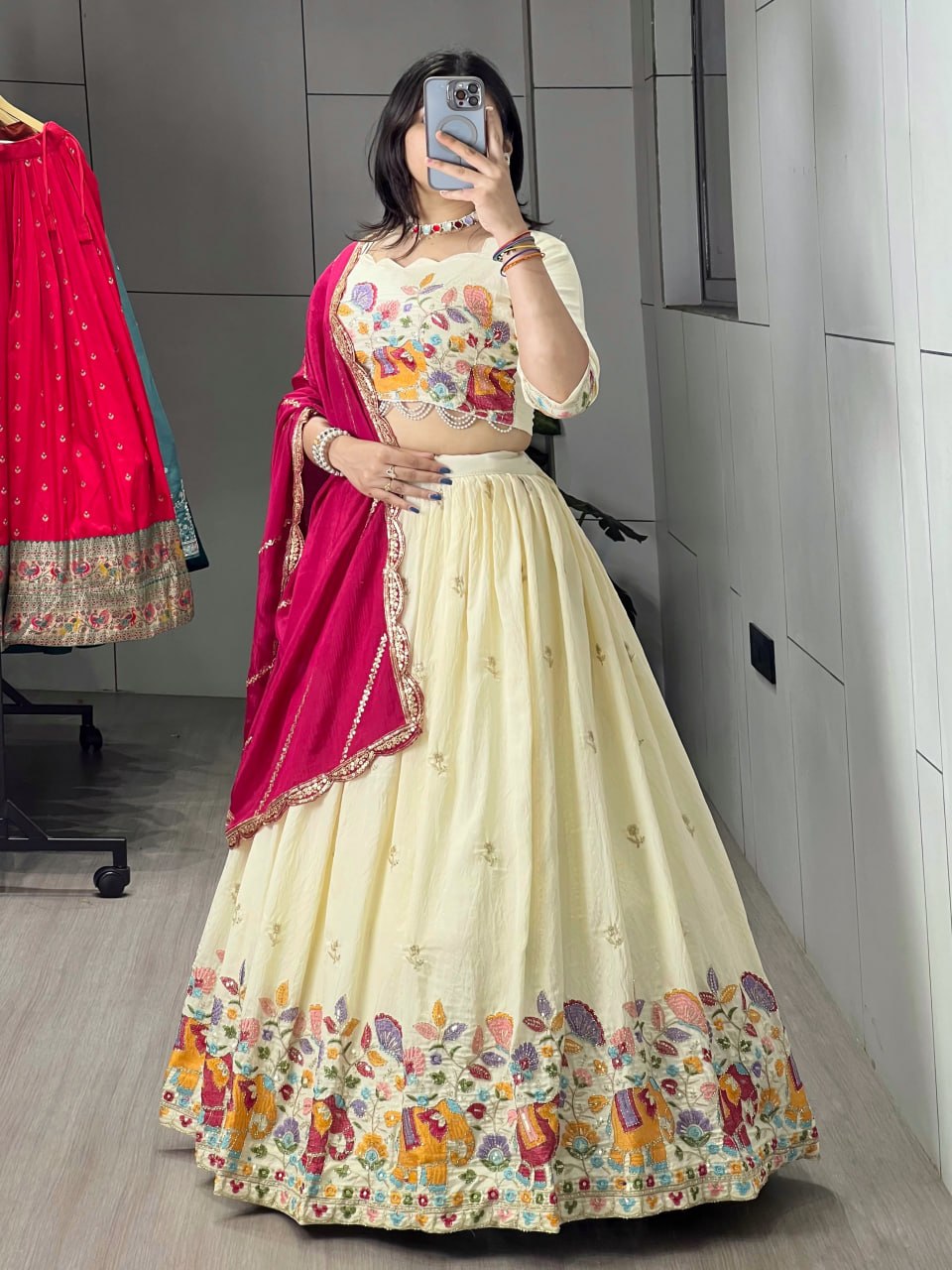 Rani Pure Soft Crush Vichitra Semi Beads Embroidery Work With MultiColoured Threads Chaniya Choli 