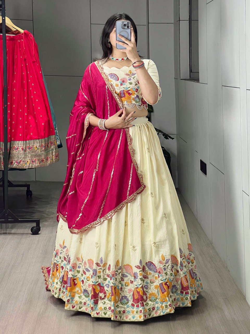 Rani Pure Soft Crush Vichitra Semi Beads Embroidery Work With MultiColoured Threads Chaniya Choli 