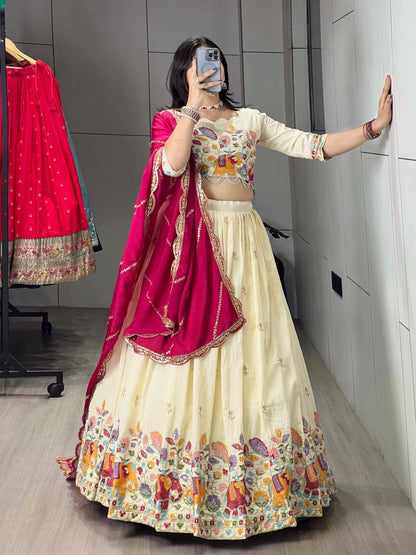 Rani Pure Soft Crush Vichitra Semi Beads Embroidery Work With MultiColoured Threads Chaniya Choli 