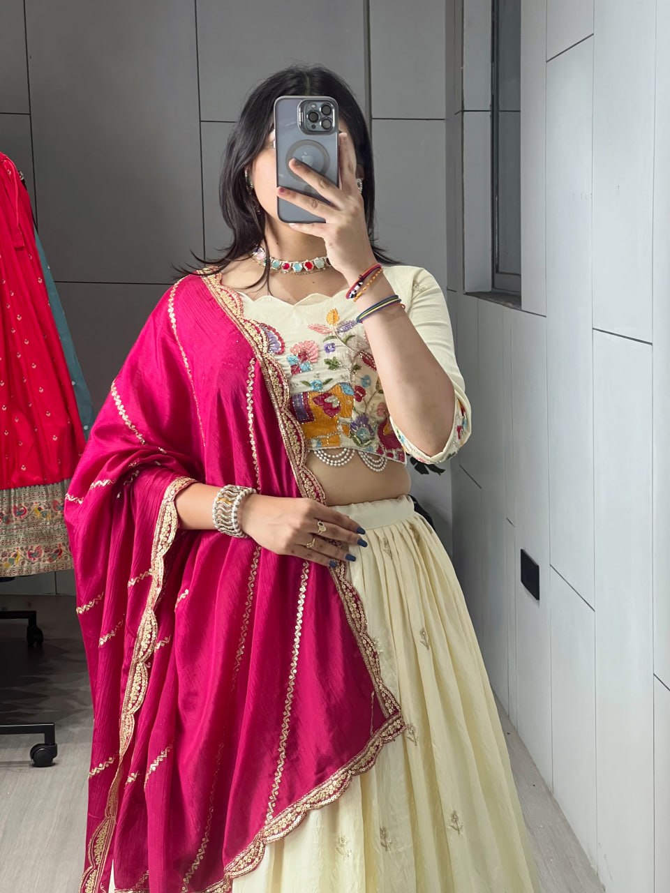 Rani Pure Soft Crush Vichitra Semi Beads Embroidery Work With MultiColoured Threads Chaniya Choli 