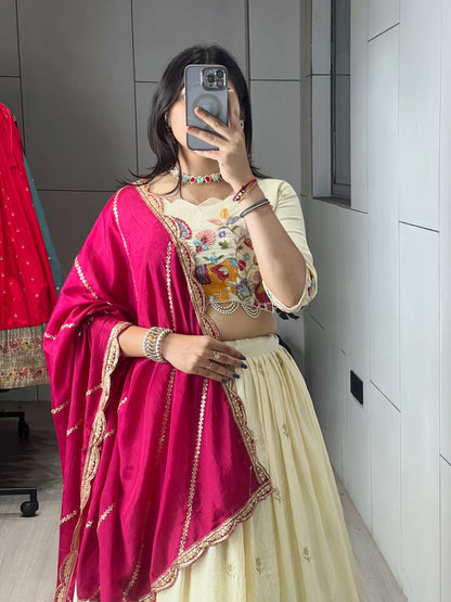 Rani Pure Soft Crush Vichitra Semi Beads Embroidery Work With MultiColoured Threads Chaniya Choli 