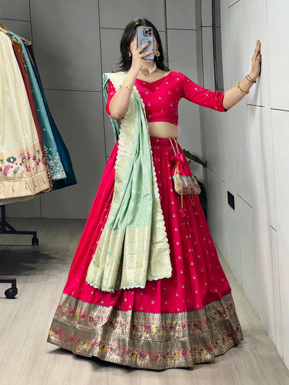 Red Pista Pure Paithani Silk Zari Weaving Work Paithani Chaniya Choli 