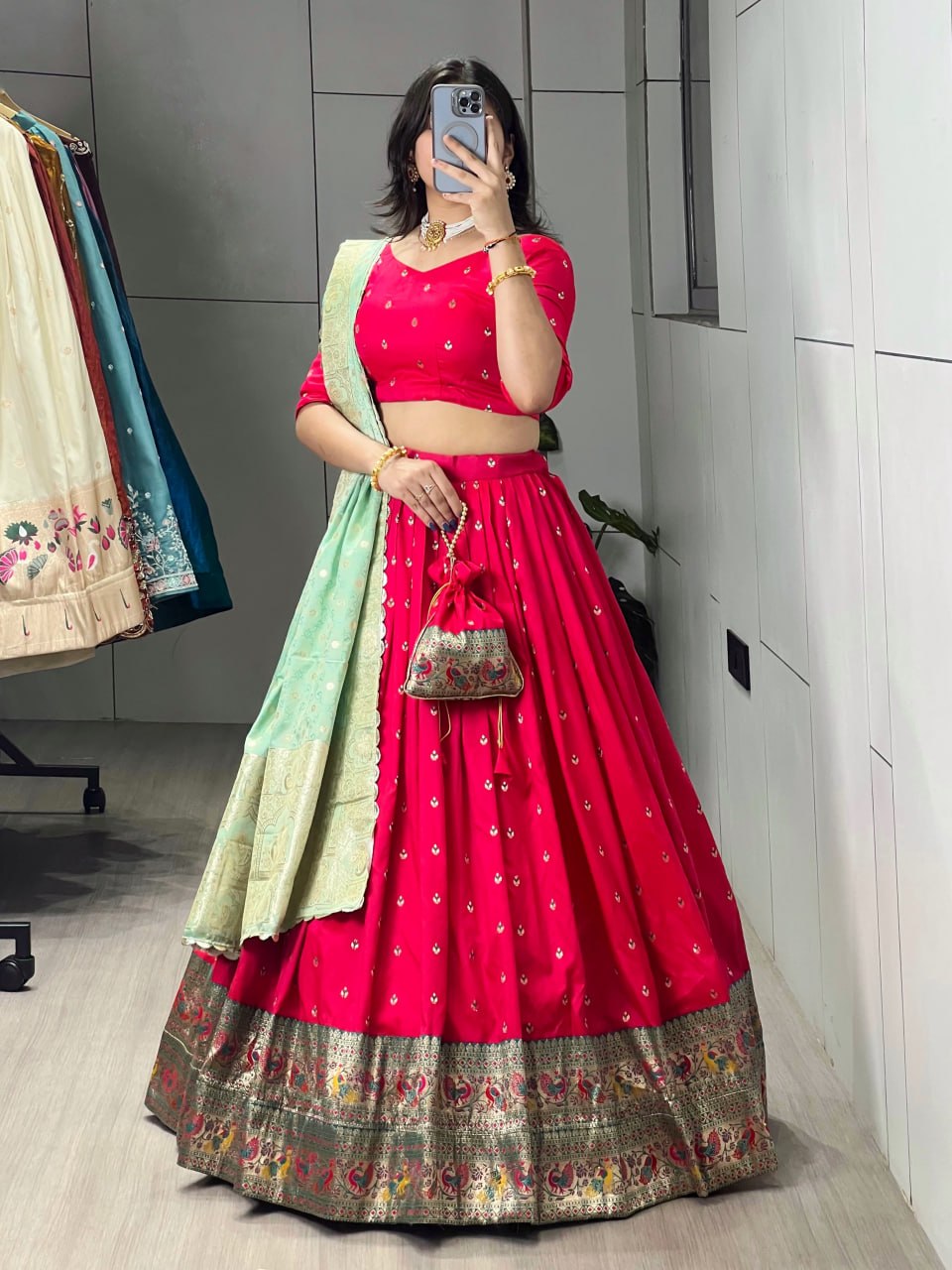 Red Pista Pure Paithani Silk Zari Weaving Work Paithani Chaniya Choli 