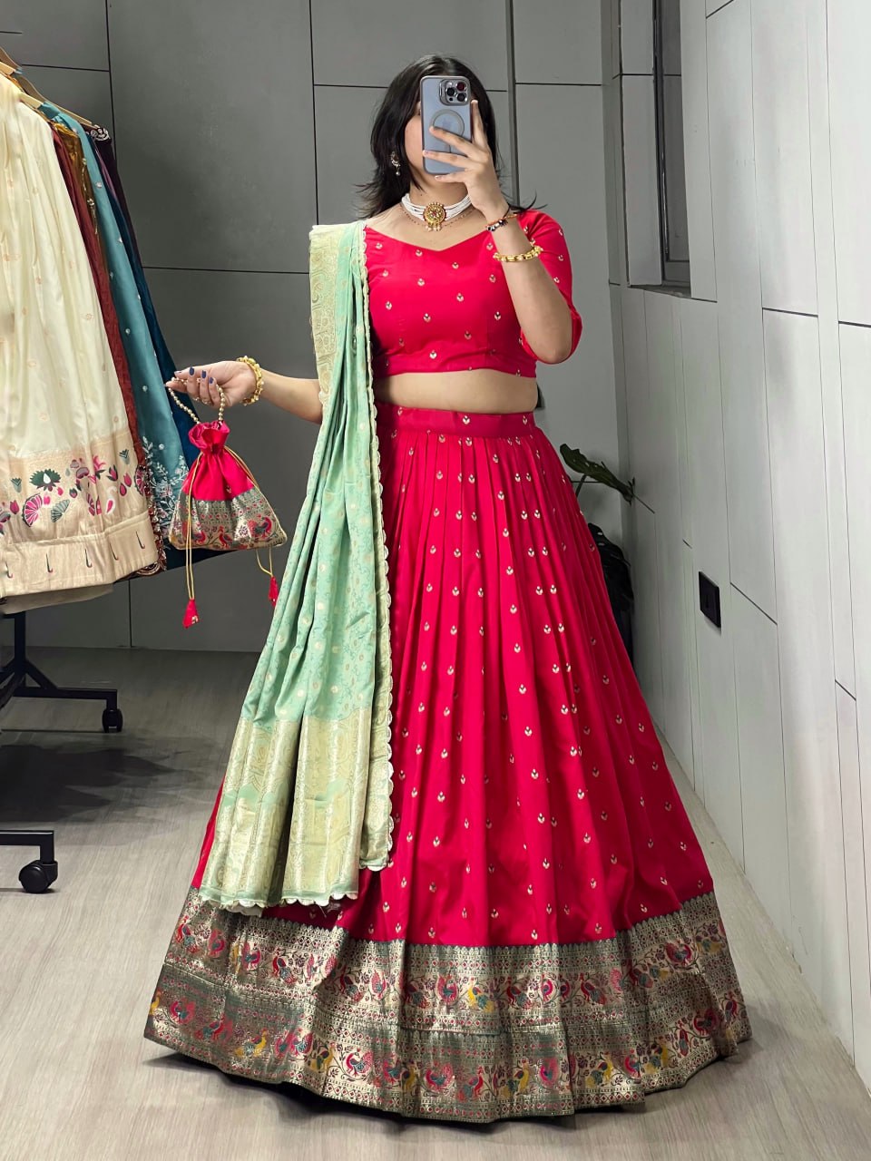 Red Pista Pure Paithani Silk Zari Weaving Work Paithani Chaniya Choli 