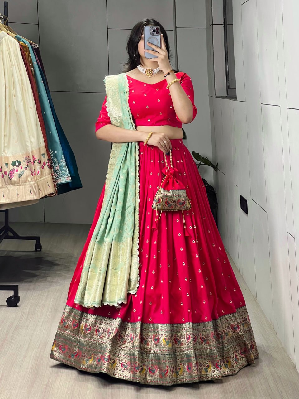 Red Pista Pure Paithani Silk Zari Weaving Work Paithani Chaniya Choli 