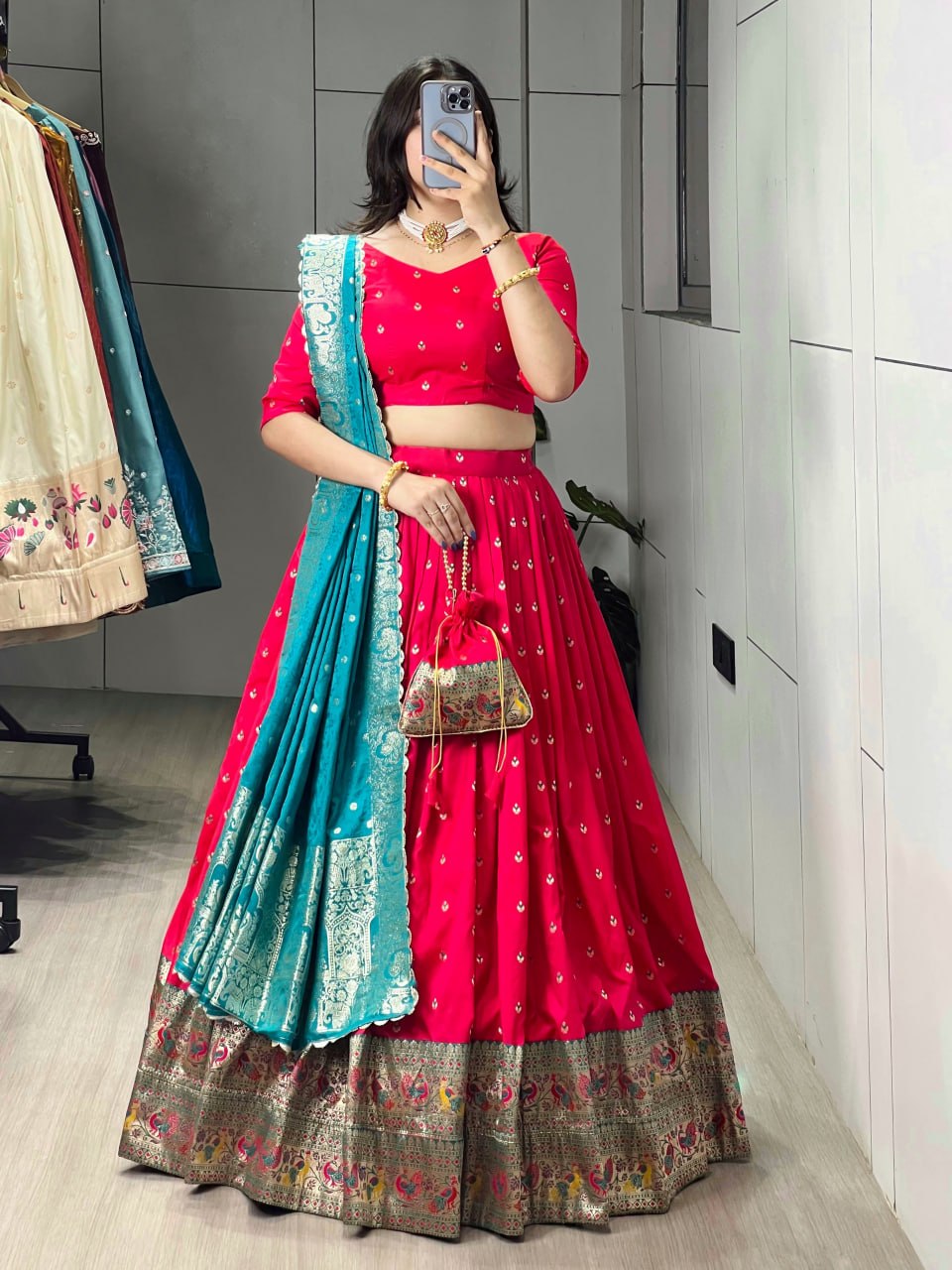 Red Firozi Pure Paithani Silk Zari Weaving Work Paithani Chaniya Choli 