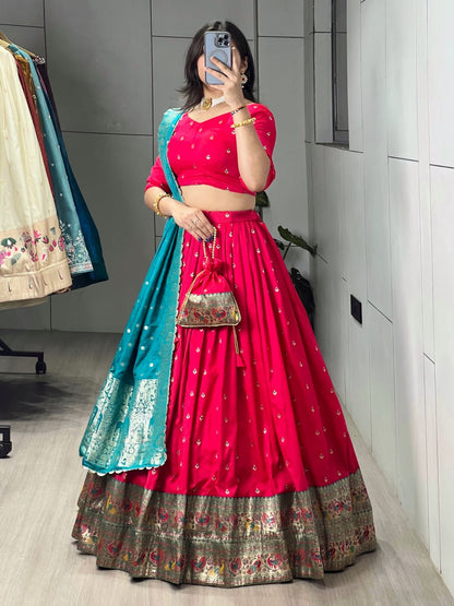 Red Firozi Pure Paithani Silk Zari Weaving Work Paithani Chaniya Choli 