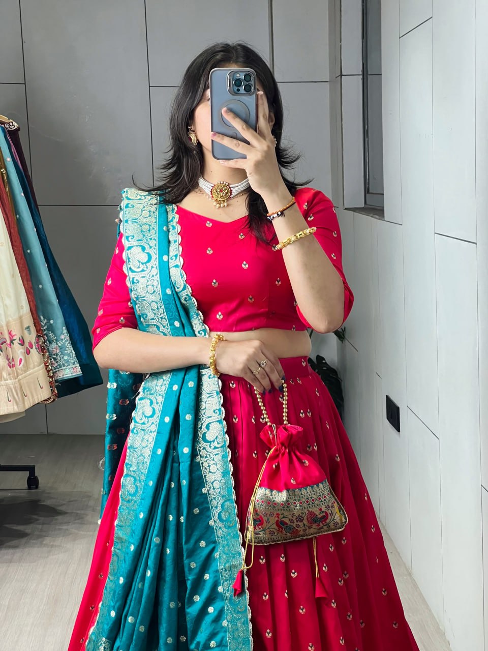 Red Firozi Pure Paithani Silk Zari Weaving Work Paithani Chaniya Choli 