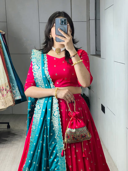 Red Firozi Pure Paithani Silk Zari Weaving Work Paithani Chaniya Choli 