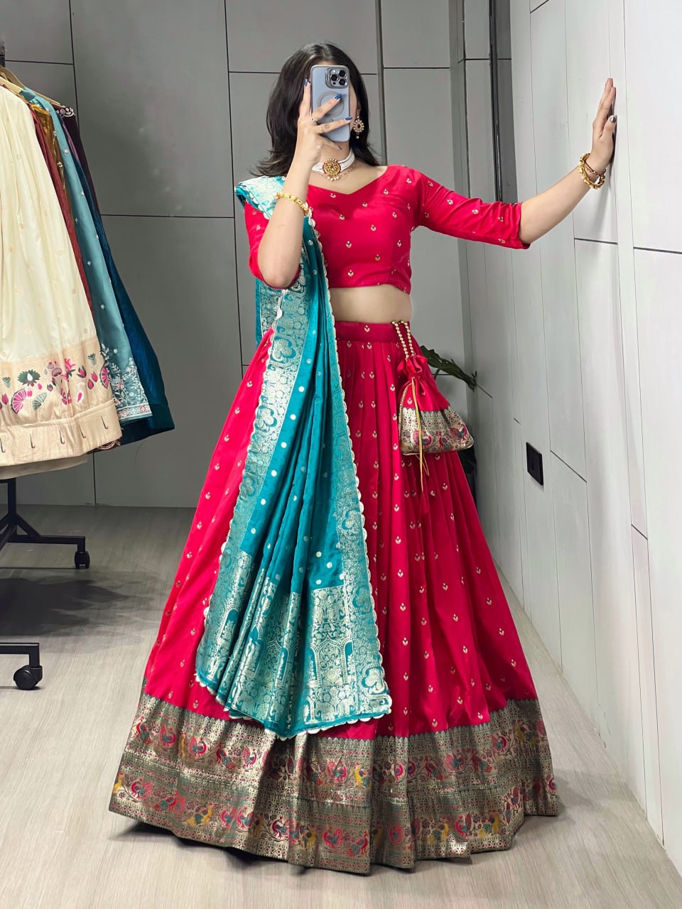 Red Firozi Pure Paithani Silk Zari Weaving Work Paithani Chaniya Choli 