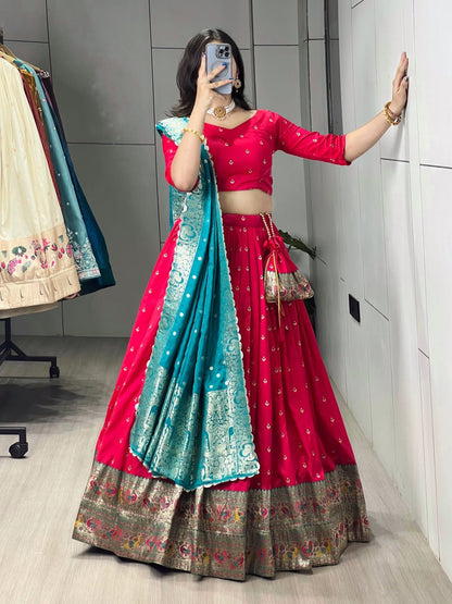 Red Firozi Pure Paithani Silk Zari Weaving Work Paithani Chaniya Choli 