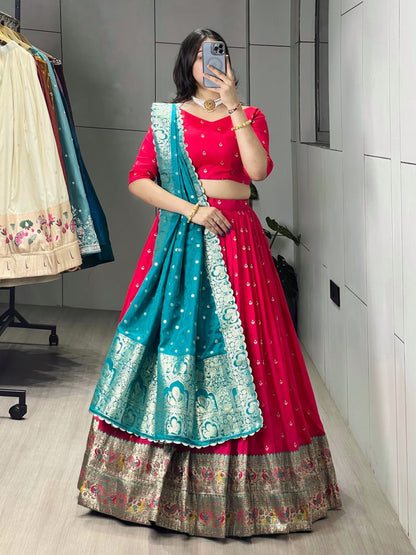 Red Firozi Pure Paithani Silk Zari Weaving Work Paithani Chaniya Choli 