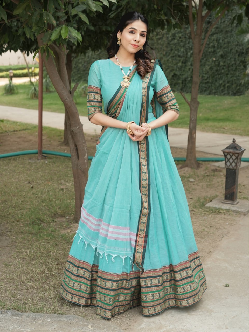 Sky Pure Chanderi Cotton Hand Weaving Cotton Lehenga Choli 