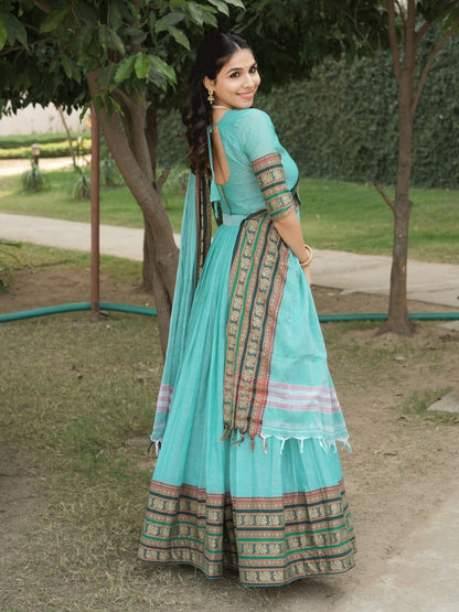 Sky Pure Chanderi Cotton Hand Weaving Cotton Lehenga Choli 