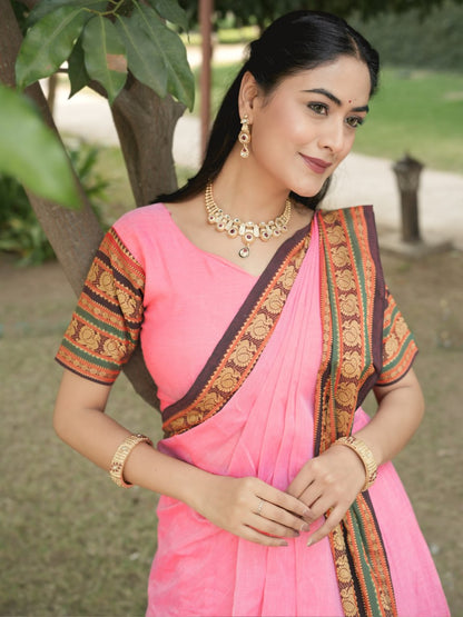 Classic Pink Pure Chanderi Cotton Hand Weaving Cotton Lehenga Choli