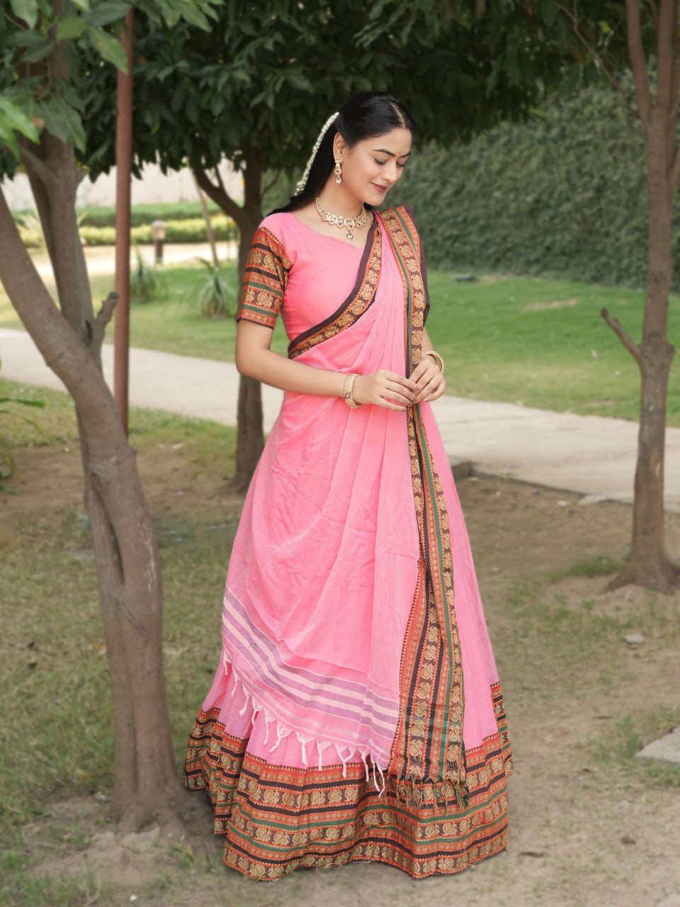 Classic Pink Pure Chanderi Cotton Hand Weaving Cotton Lehenga Choli